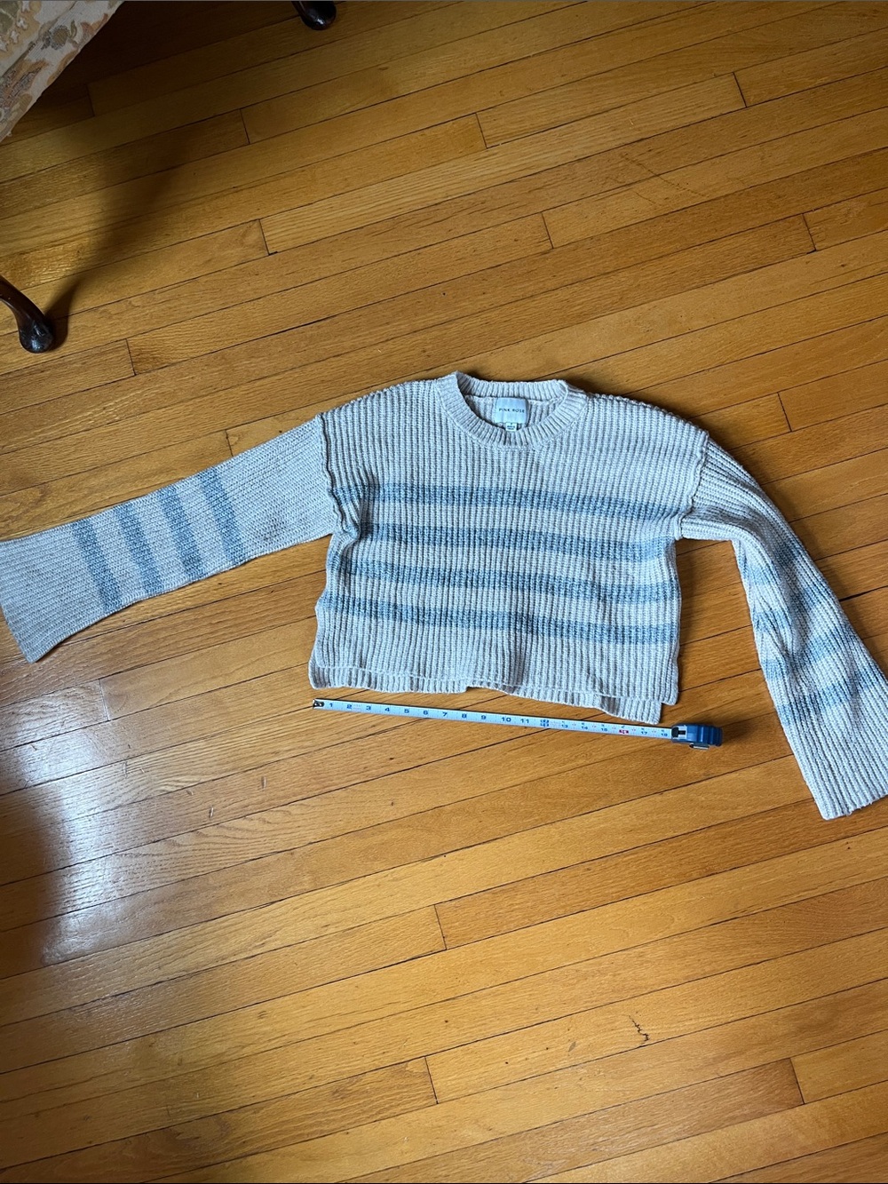 Pink Rose Cropped Crewneck Sweater in Cream with Light Blue Stripes